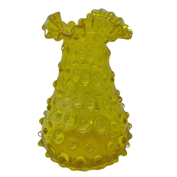 Hobnail Vase Canary Glass Fluted Ruffled Top Rim Vintage 60s - Picture 1 of 7